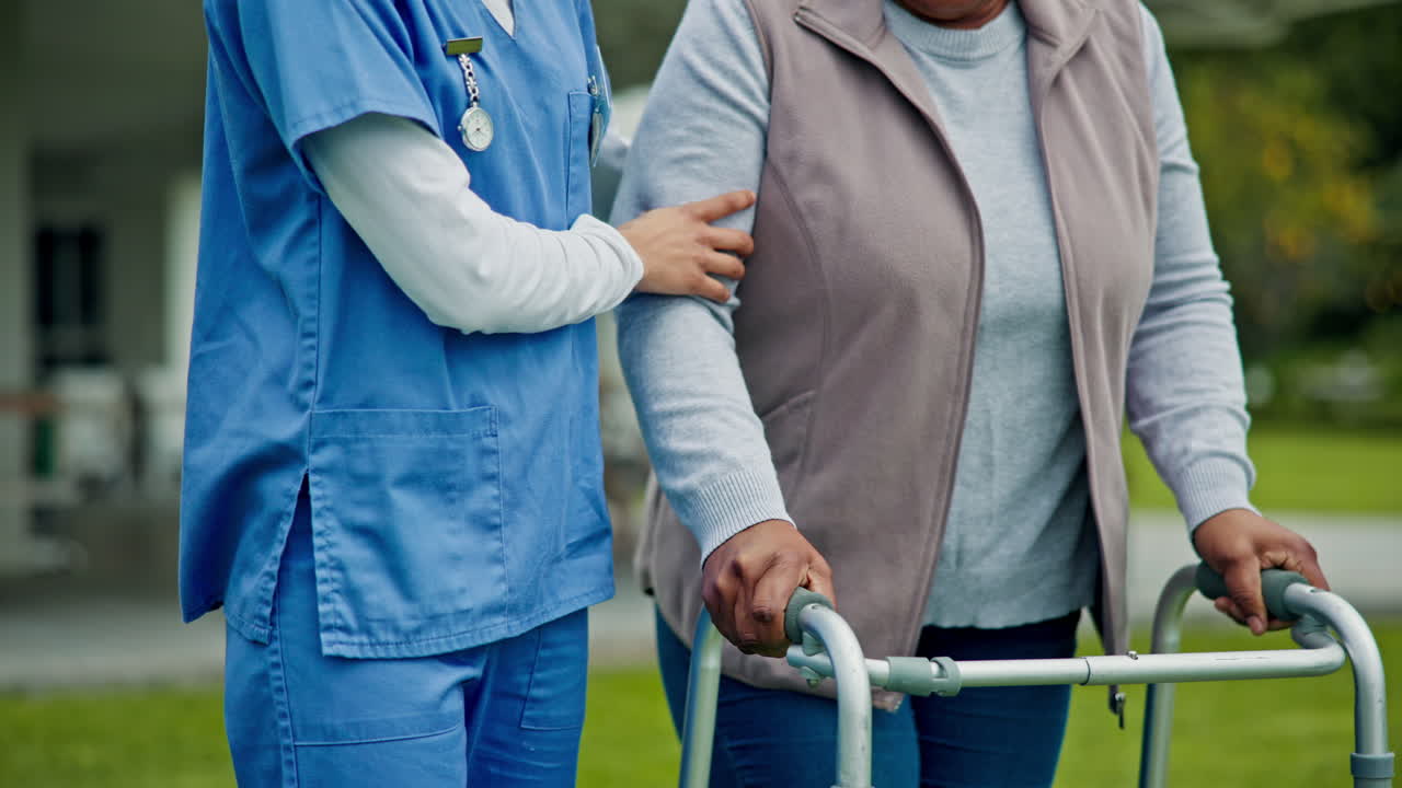Senior care, old woman with walker