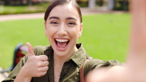 Selfie,-hand-gesture-and-face-of-woman-at-park