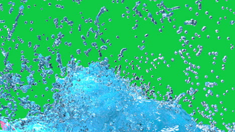 a simulation of a bright colourful burst of water flowing and splashing on green screen and white background with ripples, reflections and turbulent movement.