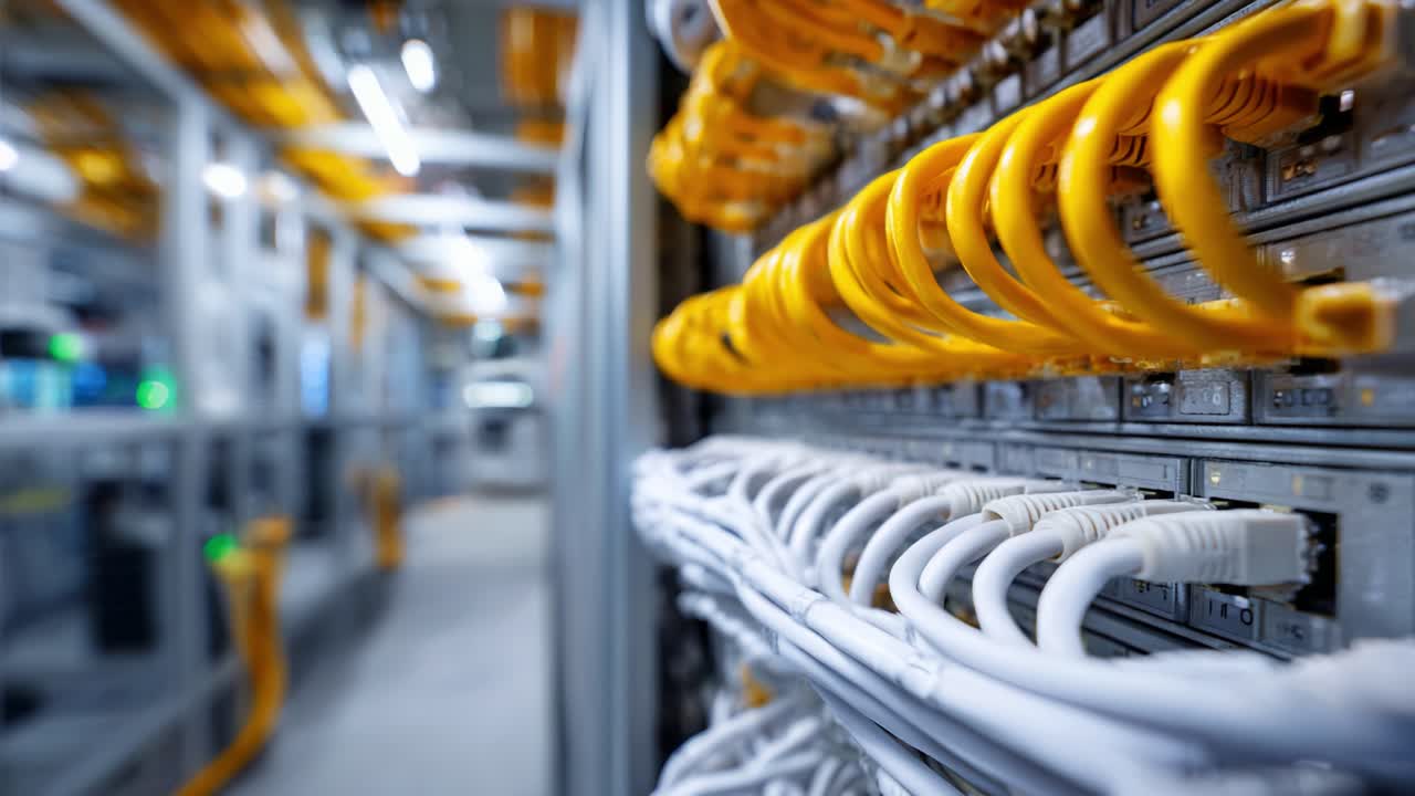 A Close-Up View of Structured Network Cabling in a Modern Data Center Featuring Yellow and White Cables with Advanced Connectivity Systems for Enhanced Performance