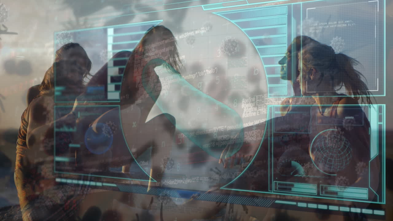 해변에서 데이터와 다양한 친구들과 함께 화면 위의 코로나 19 바이러스 세포의 애니메이션