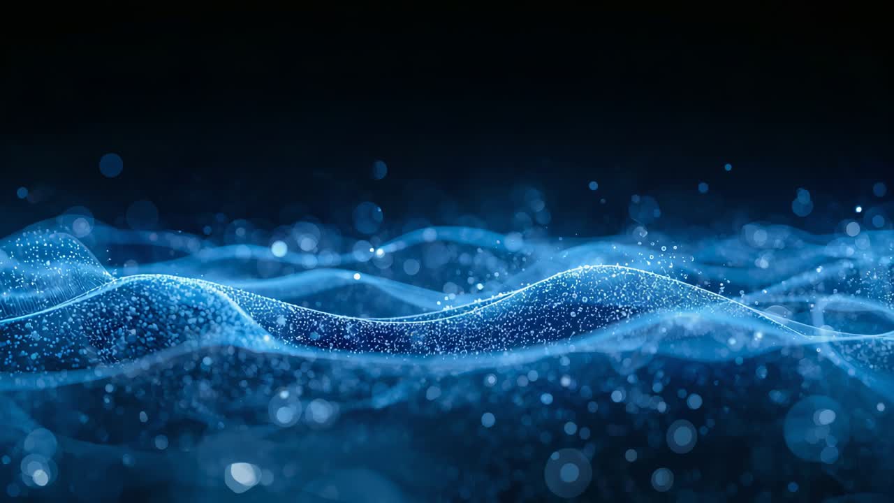 Starting loop glowing blue ribbons flowing across dark backdrop showing edge glow and bokeh