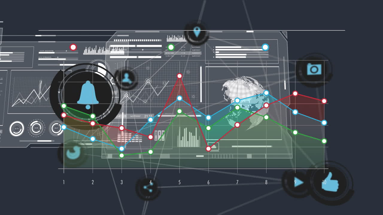 Data analytics dashboard with graphs and icons over digital network animation