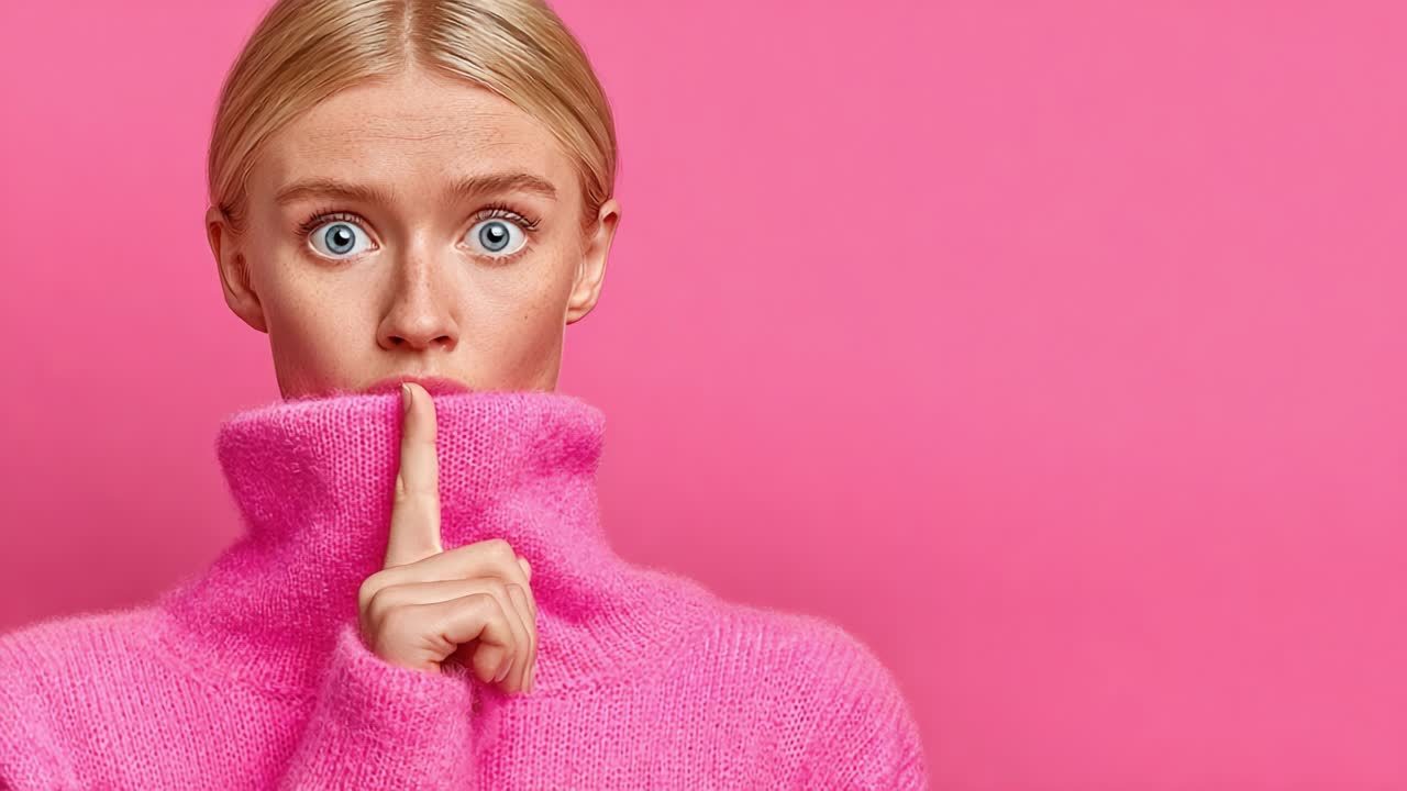 A young woman wearing a pink sweater with a surprised expression holds her finger to her lips, signaling for silence against a matching pink background