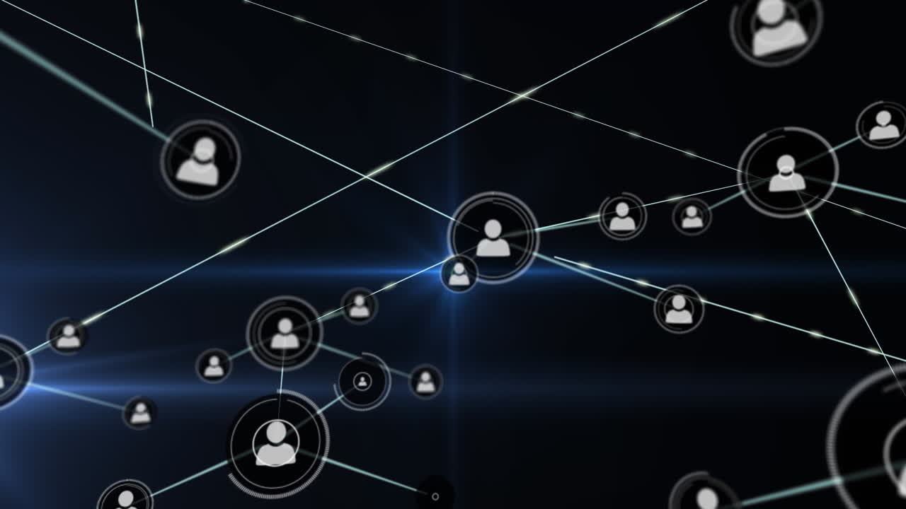 Animation of profile icons connecting dots with bright blue light on digital interface