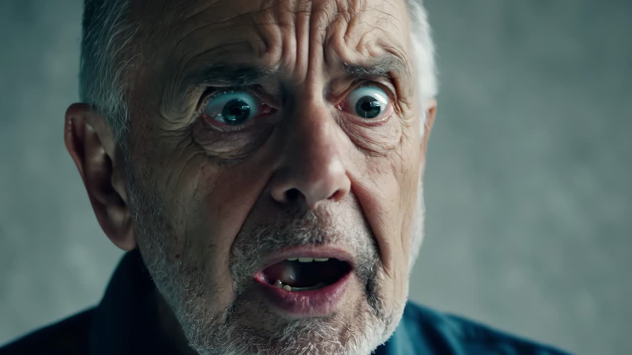 Close-up of an elderly man with a shocked and wide-eyed expression