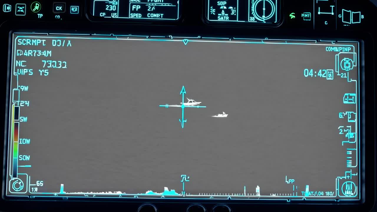 Infrared monitor displaying a sophisticated targeting system, tracking boats navigating the ocean at night, showcasing various data and indicators on the vibrant screen