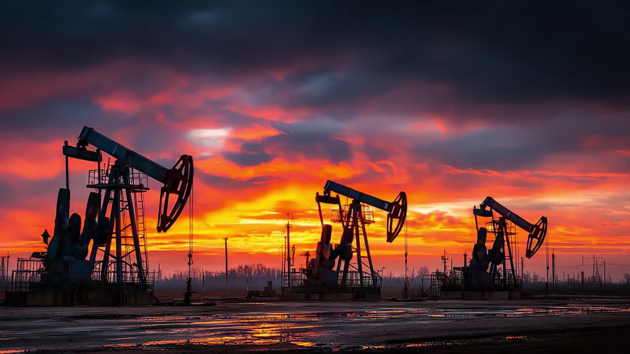 Impresionante puesta de sol sobre un sitio de bombeo de petróleo, destacando la belleza de la maquinaria industrial contra un cielo dramático con colores vibrantes y el reflejo del crepúsculo.
