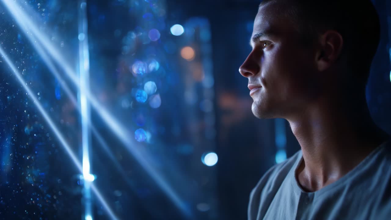 A contemplative moment captured in cool hues, where a young man gazes thoughtfully through shimmering reflections, immersed in light patterns and an atmosphere filled with intrigue and introspection
