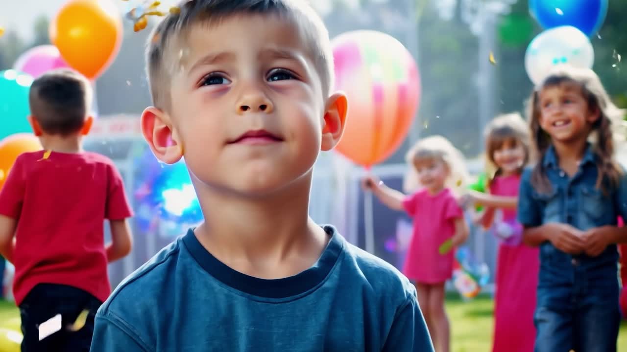 Montage captures a boy's joyful expression gradually shifting to sadness during a birthday party, with confetti falling around him, highlighting the contrast of emotions