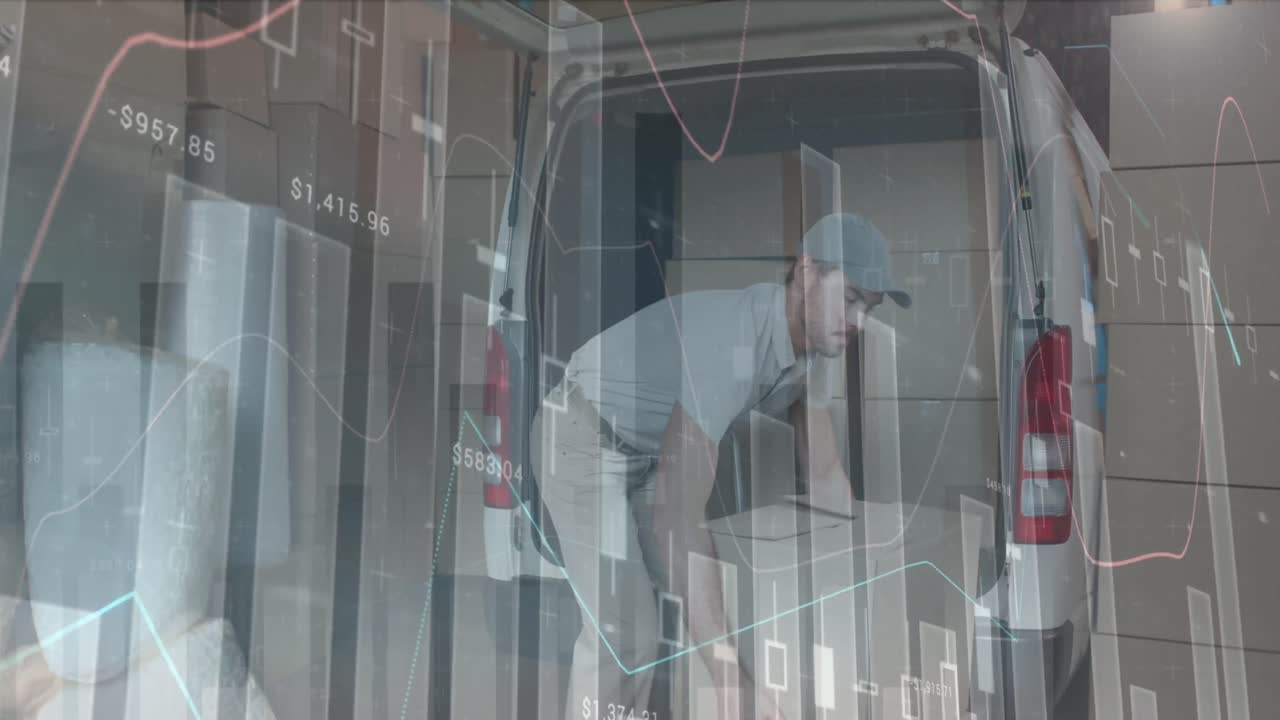 카우카시안 남성 택배 업체가 자동차에 패키지를 실어주는 금융 데이터의 애니메이션