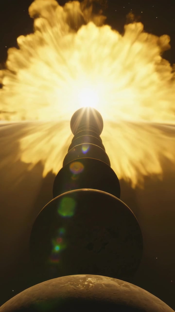 Video vertical: Bola de fuego estallando en el horizonte, iluminando módulos apilados cerca del limbo de un planeta, proyectando destellos.