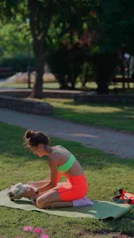 mujer practicando yoga con perro en el parque