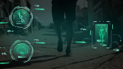 animación del procesamiento de datos sobre el hombre caucásico corriendo.