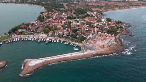 Old-Town-Harbor-on-Coast-of-Side,-Turkeuy-by-Apollo-Temple,-Aerial