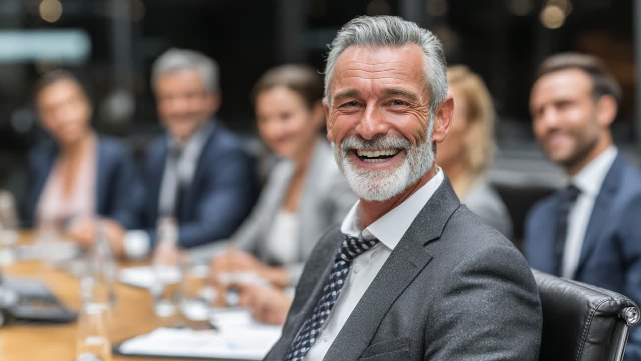 Un Dirigente Aziendale Sicuro Condivide un Momento Positivo con i Colleghi in una Moderna Sala Conferenze, Sottolineando lo Spirito di Squadra e la Professionalità