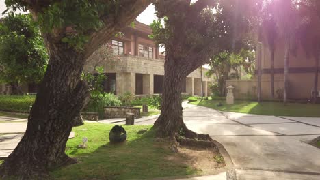 modern garden with empty nature stone wall ,there is a wooden walk way