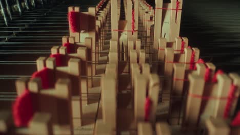 grand piano mallets, camera moves backwards, very closeup, dark, yellow wood