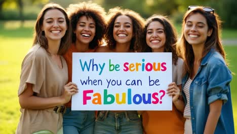 group of diverse women joyfully smiling while holding a colorful sign with an uplifting message, surrounded by greenery in a sunny outdoor setting, conveying a sense of happiness and camaraderie