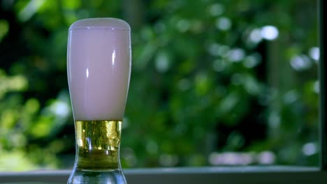 slow motionbeer is pouring into glass on a garden background