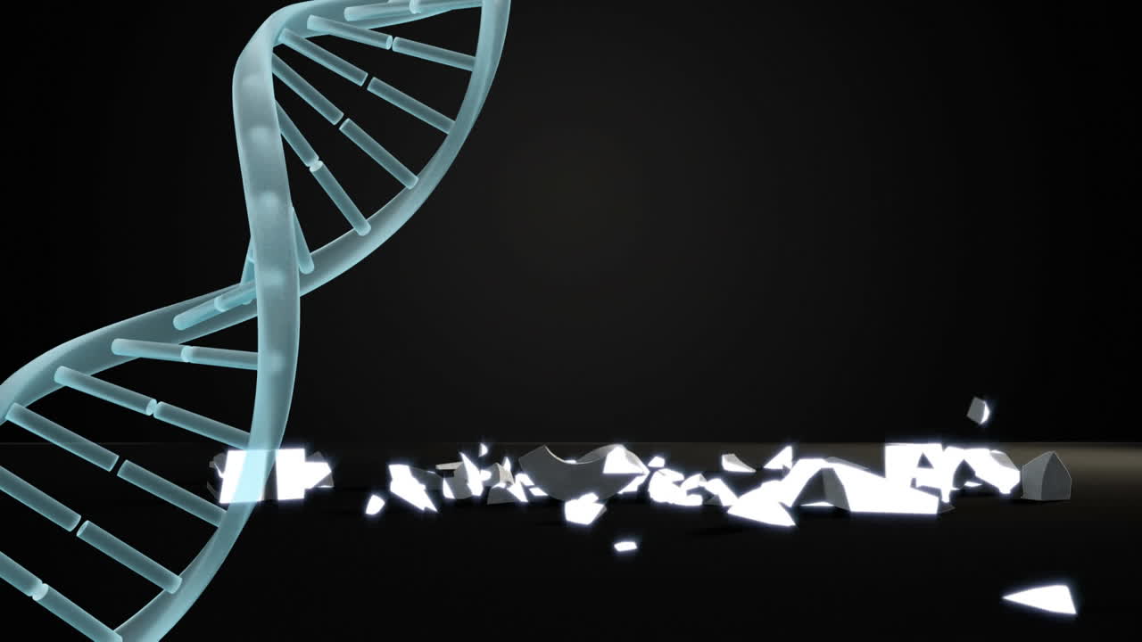 estructura de adn girando sobre el símbolo de la moneda del dólar cayendo y rompiéndose contra un fondo gris