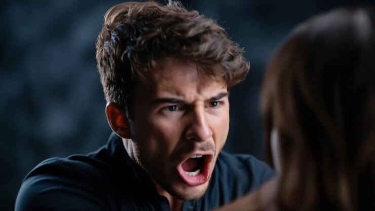 Échange émotionnel intense : un jeune homme exprimant sa colère et sa frustration en confrontant quelqu'un dans un cadre dramatique entouré d'ombres mystérieuses.
