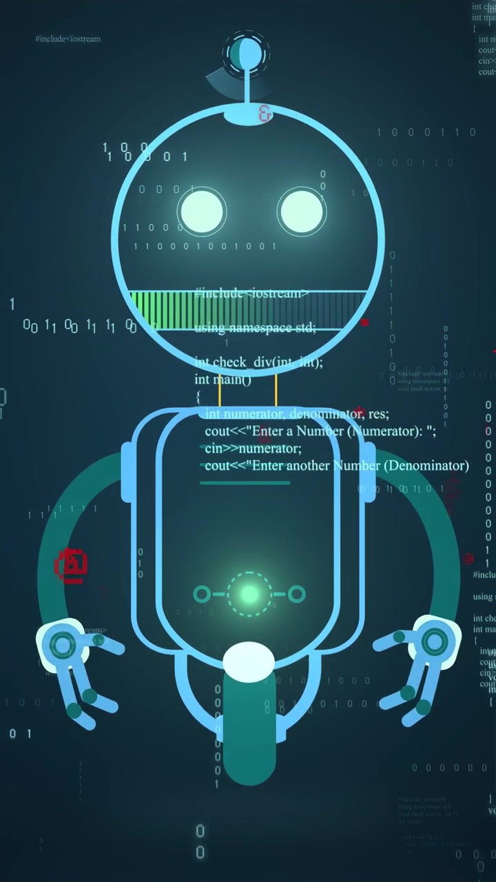 Vertikal video: Binære datastrømme starter, robot scanner mund og pulserende bryst viser kodestatus.