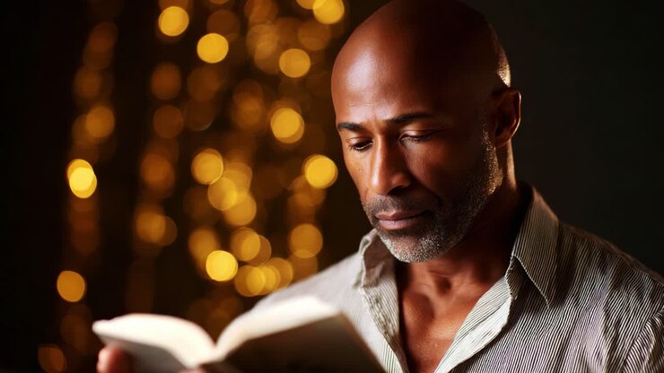 A Thoughtful Man Engaged in Reading a Book, Surrounded by Soft Glowing Lights, Capturing the Essence of Reflection, Knowledge, and Tranquility in a Serene Atmosphere