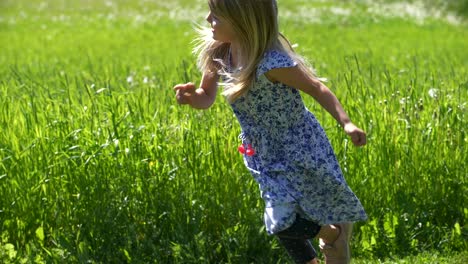 Niña-Caucásica-Rubia-De-Cuatro-Años-Corriendo-En-Un-Paisaje-De-Verano,-Cámara-Lenta