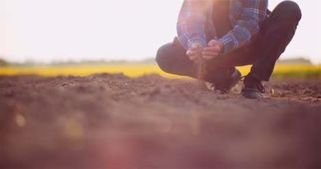 Bodenlandwirtschaft-Landwirthände,-Die-Organischen-Bodenbauer-Halten-Und-Zurückgießen,-Der-Schmutz-Auf-Der-Farm-Berührt-3