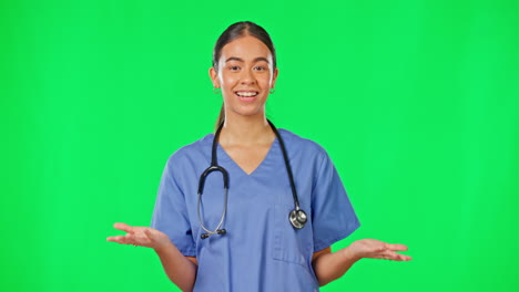 Advice,-green-screen-and-woman-doctor-showing