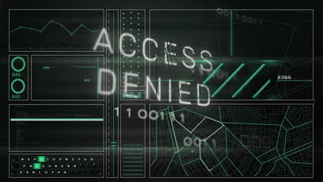 animation of access denied text, graph, lines, navigation pattern over binary codes