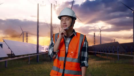 asian male engineer with safety helmet thinking about something and looking around while standing with solar panel and wind turbines