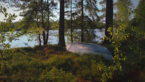 old rowboar upside down next to lake in the summer in sweden