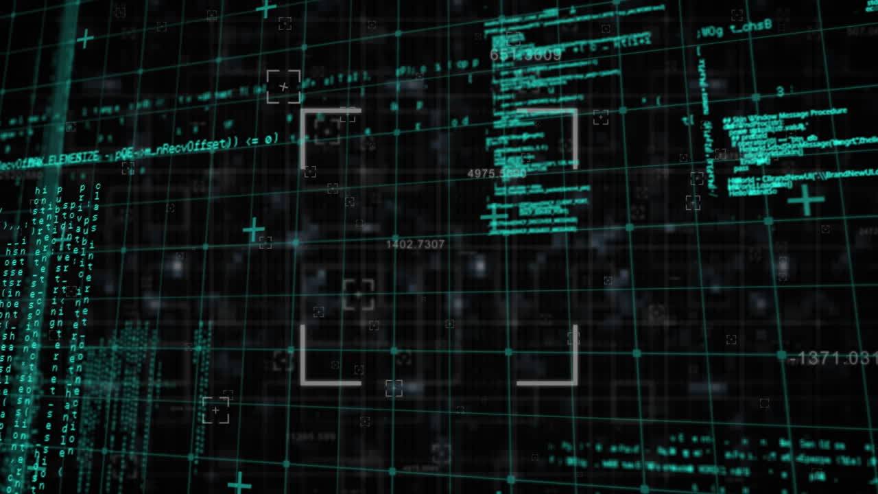 animación de la red de cuadrícula y escaneo de alcance sobre el procesamiento de datos contra un fondo negro