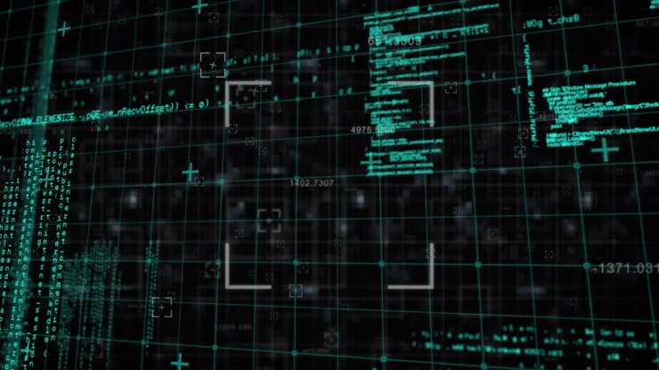 Animation of grid network and scope scanning over data processing against black background