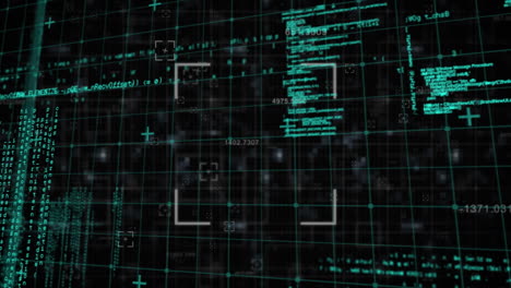 Animation of grid network and scope scanning over data processing against black background