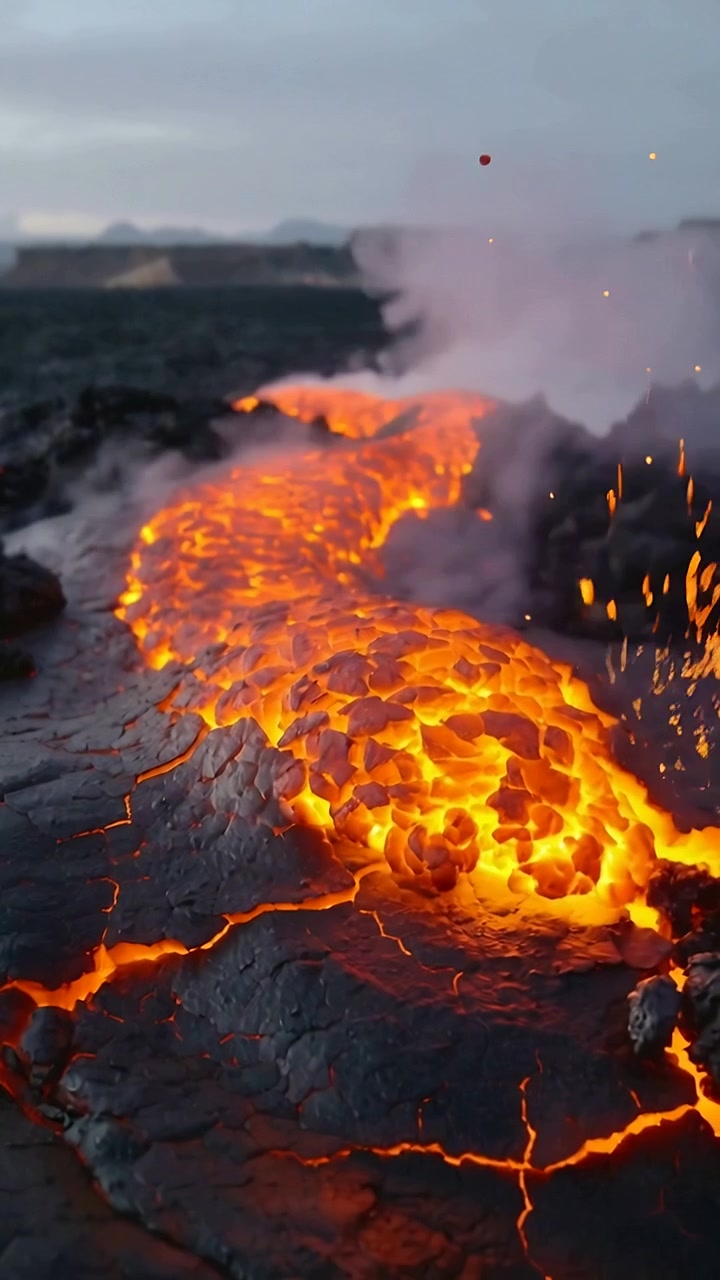 Vertical video: Advancing molten lava flow creeping across basalt plain, meeting cool rock