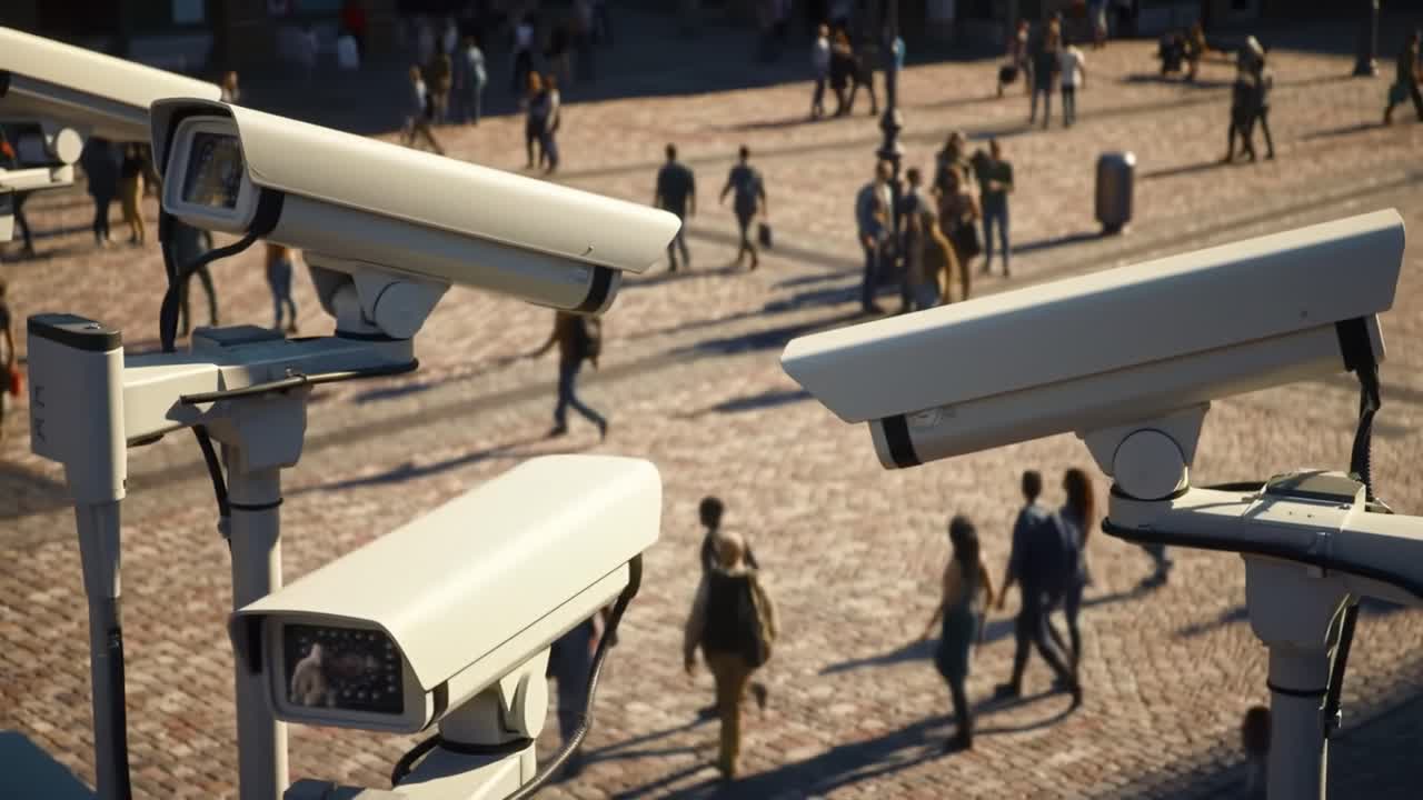 A Bird's Eye View of Surveillance Cameras Monitoring a Busy Public Square, Capturing the Activities and Movements of People in a City Environment