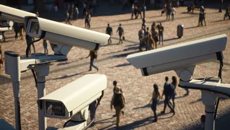 a bird's eye view of surveillance cameras monitoring a busy public square, capturing the activities and movements of people in a city environment