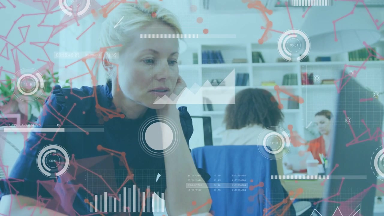 Woman typing on laptop, causing HUD charts overlaying screen, leaning while analyzing tech data