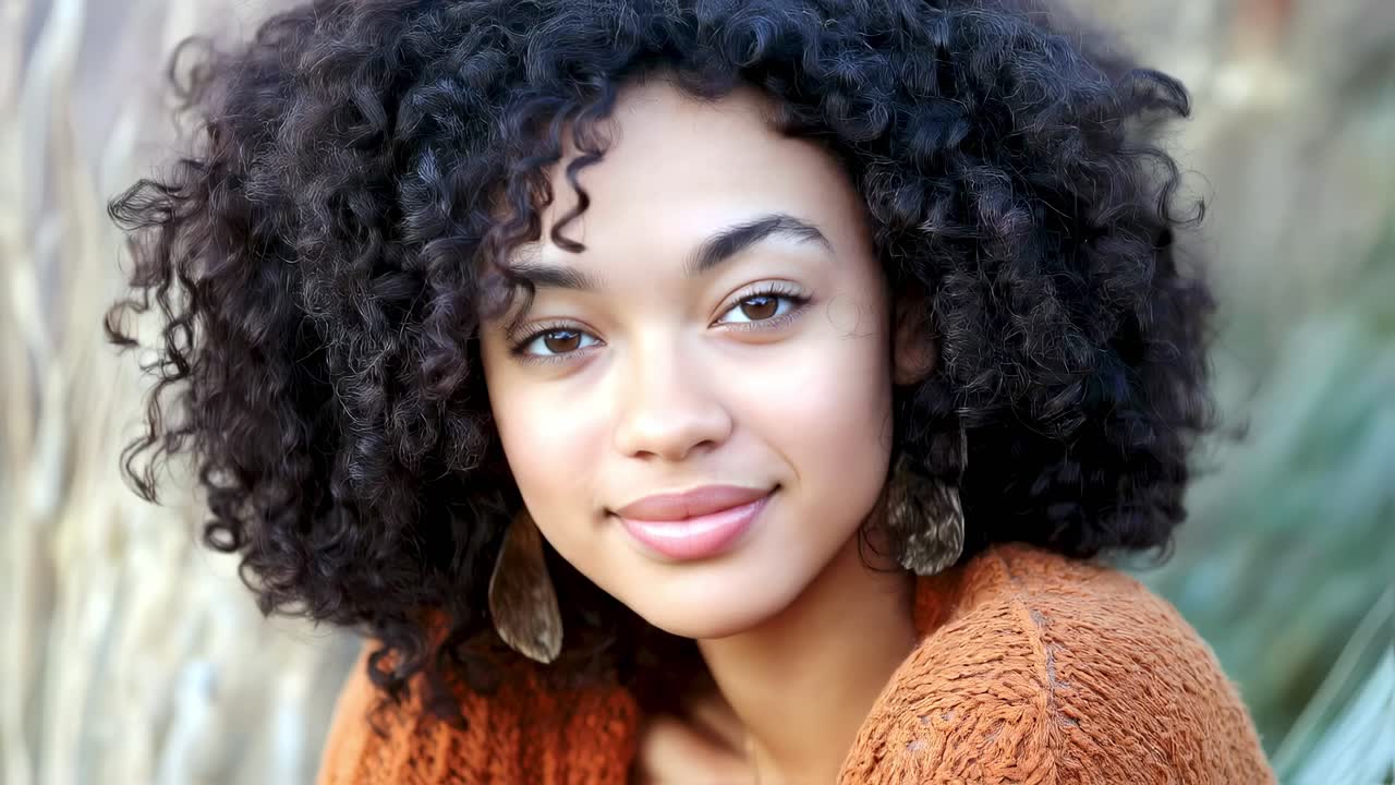 Portrait of a beautiful young woman with curly hair and brown eyes wearing an orange sweater and leaf shaped earrings, posing and smiling slightly against a blurred natural background