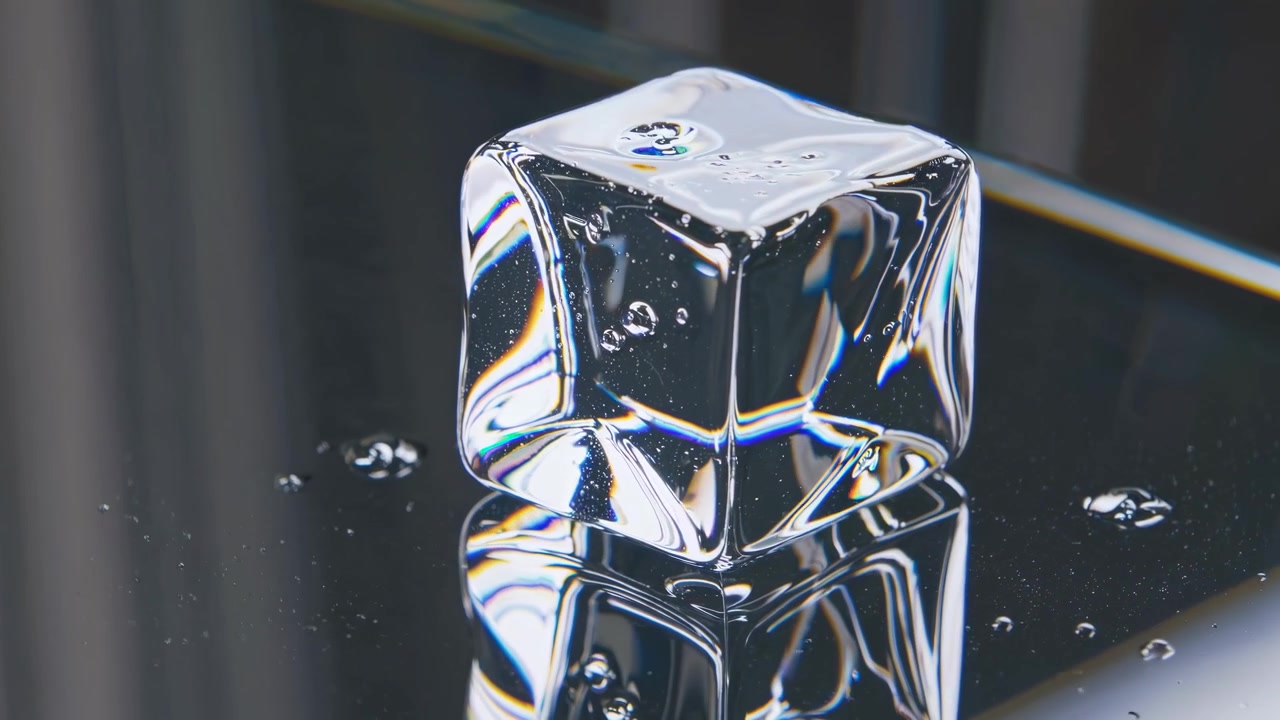Cubetto di ghiaccio trasparente che si scioglie lentamente su una superficie riflettente