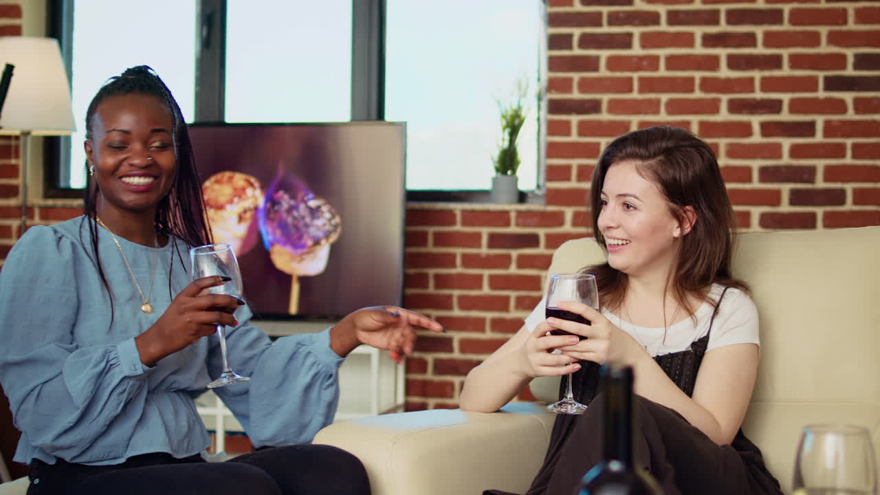 Company workers celebrating business success at work, throwing apartment party in cozy living room