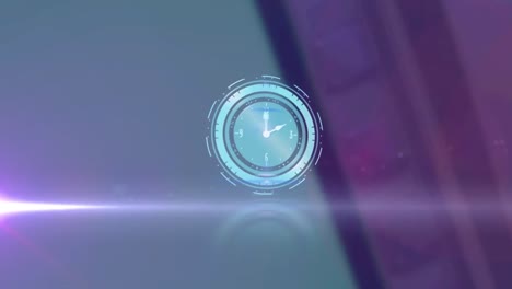 animación del reloj con manecillas que se mueven rápidamente y luz con destello de la lente sobre un fondo borroso