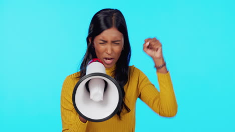 angry, protest and woman with a megaphone