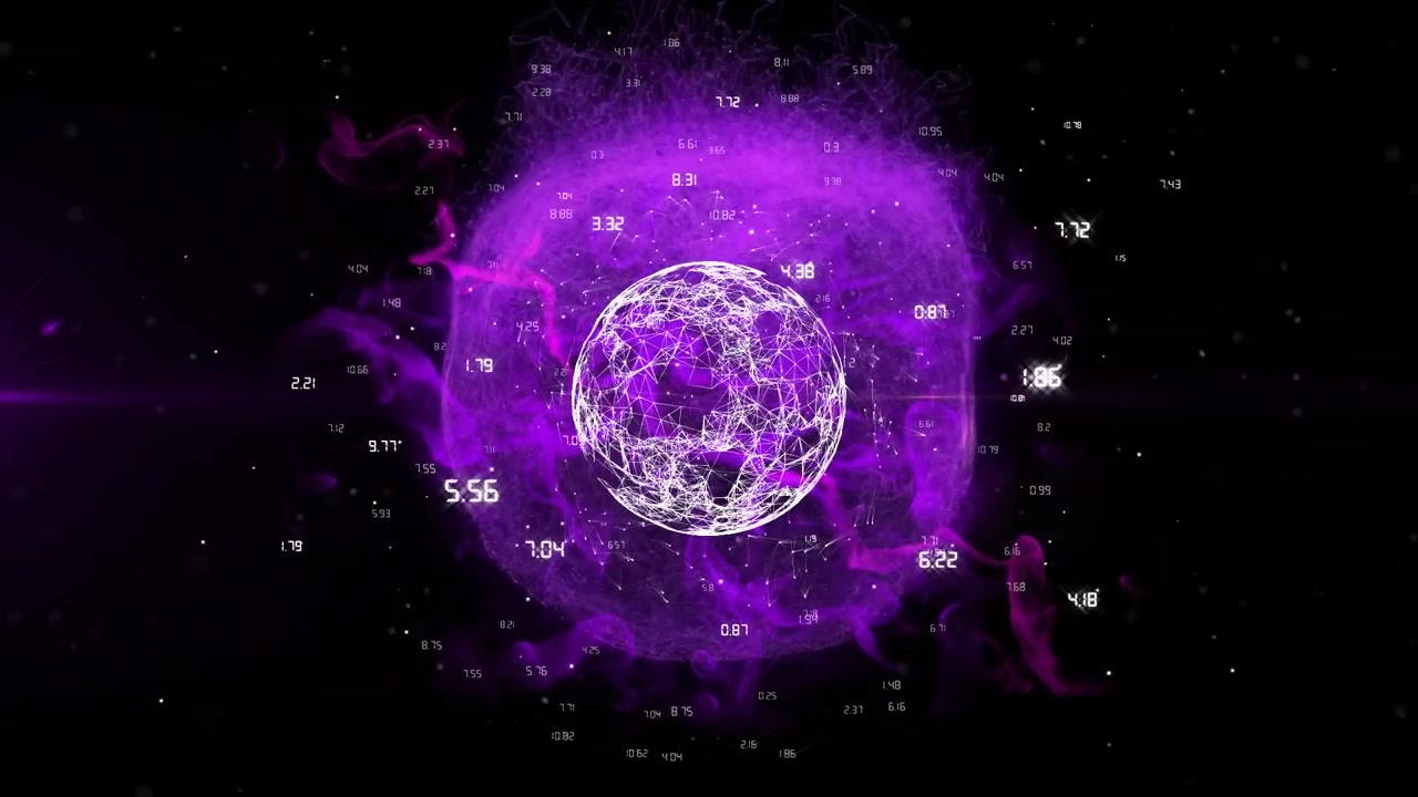 Sfera wireframe che emerge nel vuoto, formando una nuvola viola, con punti dati in orbita, visualizzando una rete