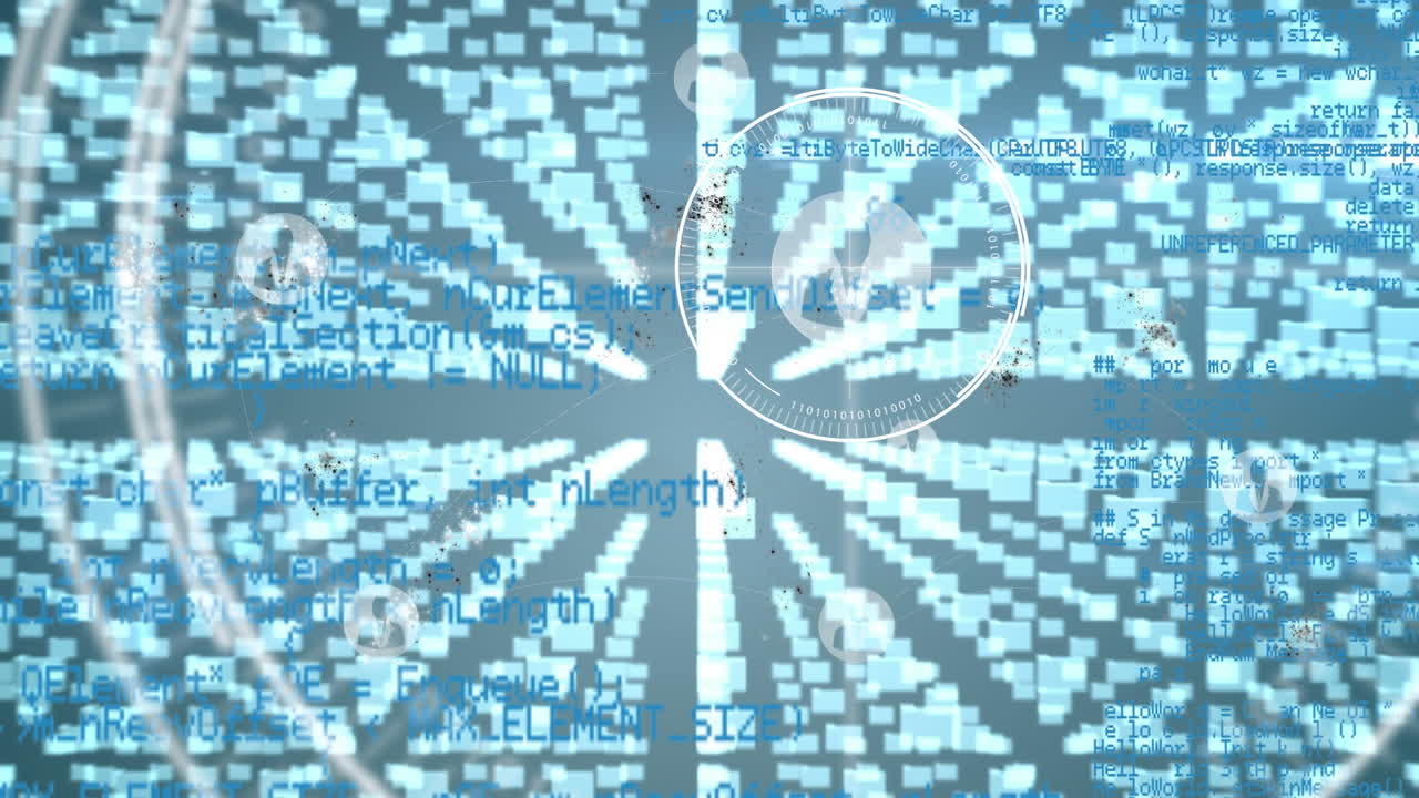 Animation of folders, digital padlock, icons and data processing on blue background