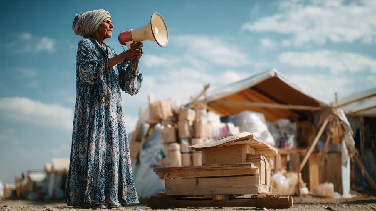 An elderly woman passionately speaks into a megaphone, advocating for her community amidst a backdrop of makeshift tents and scattered supplies under a vast sky
