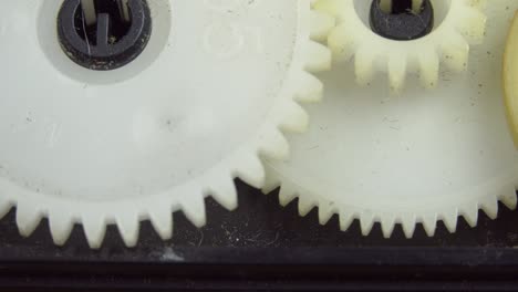 the mechanism with gear plastic wheels. rotating gears. closeup